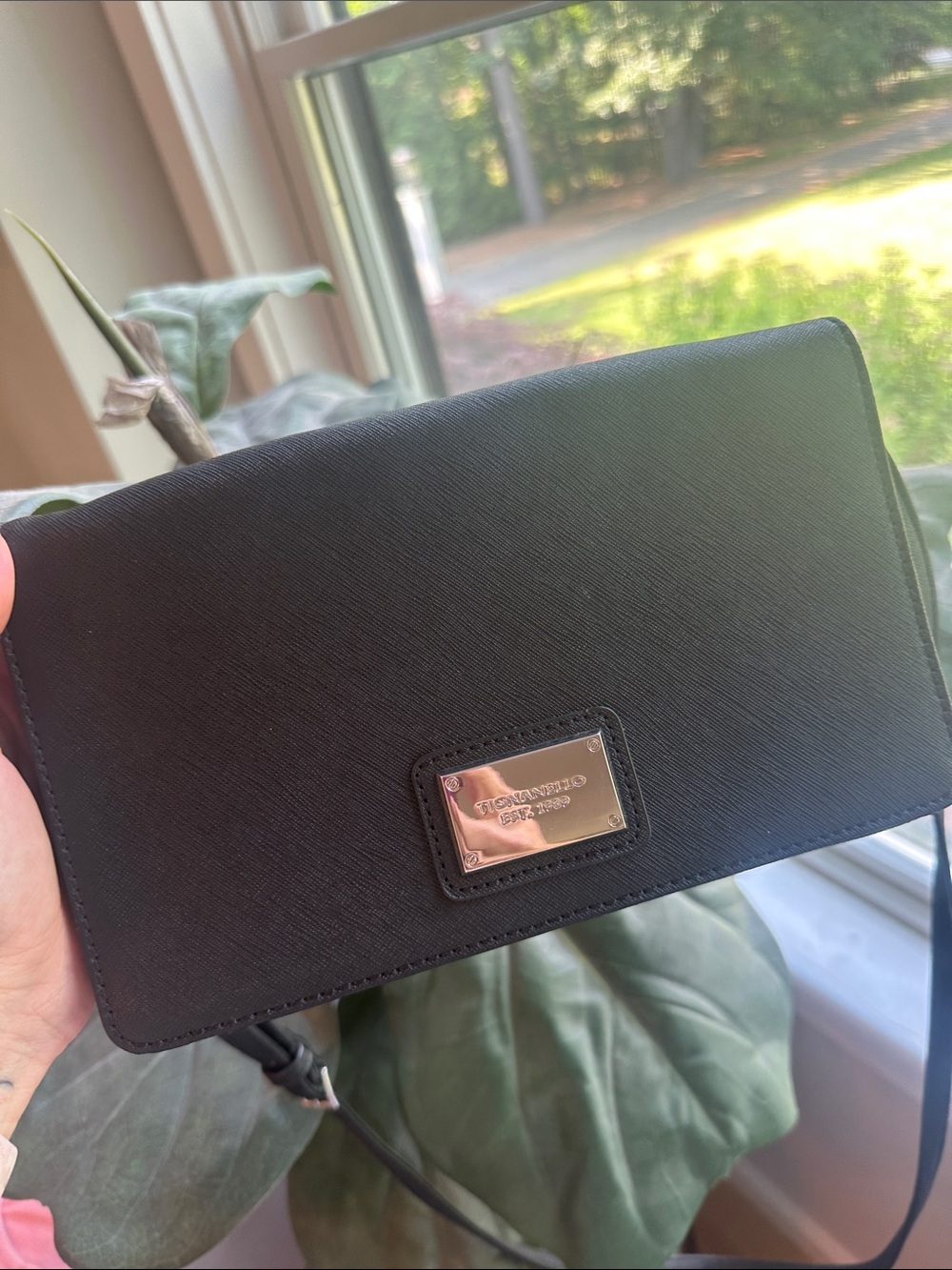 Tignanello Black Leather Crossbody with Silver Plate Logo & Adustable Strap